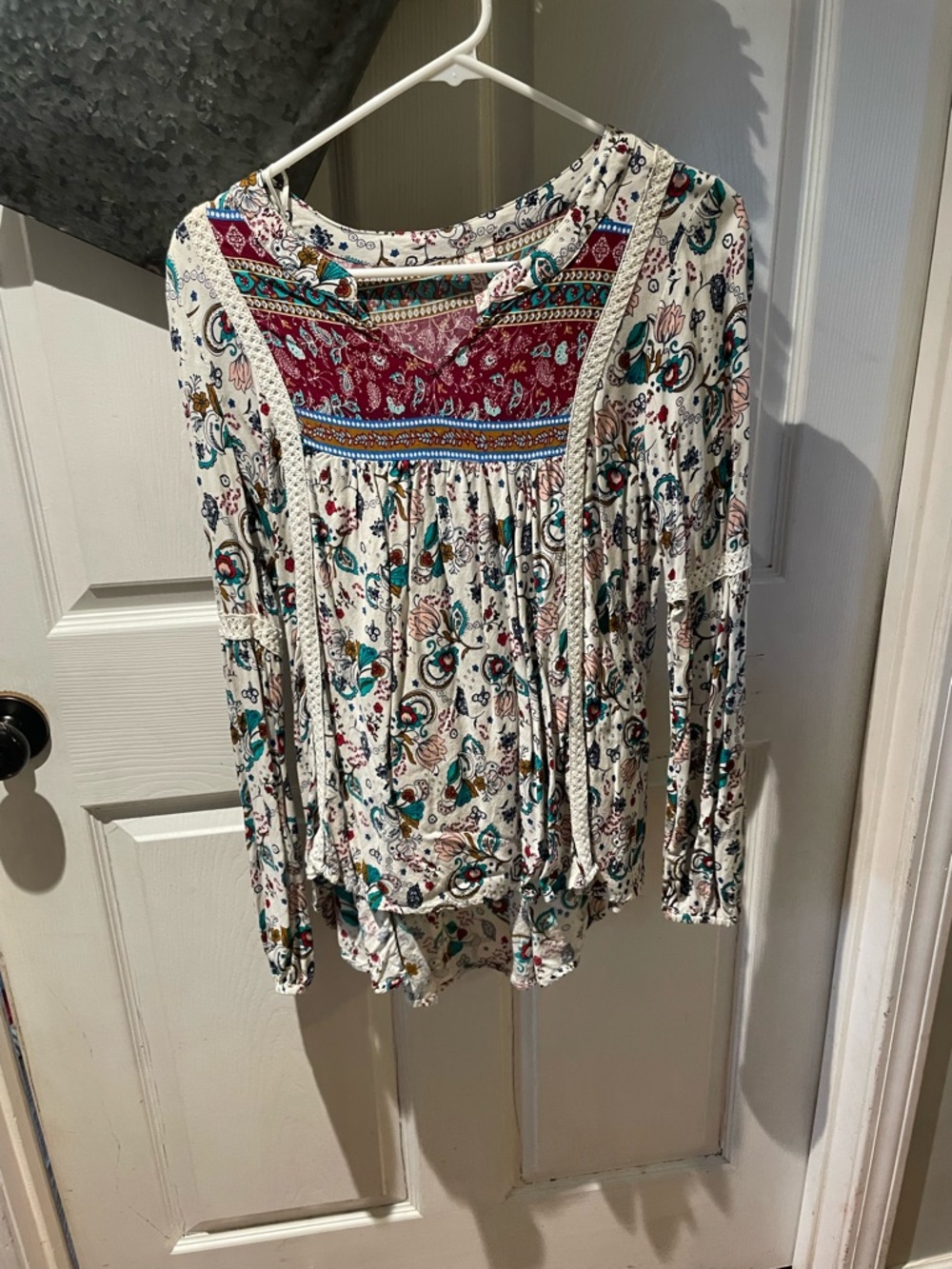 Red Camel Boho Peasant Blouse in White with Teal & Burgundy Accents